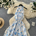 French riviera style halter floral dress - women's summer  high-waisted slimming yellow a-line maxi dress