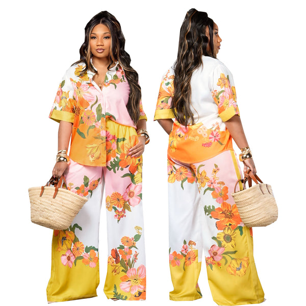 TW665 Cross-border Women's Fashion Floral Printed Shirt Casual Waist Wide Leg Pants Set  Independent Station