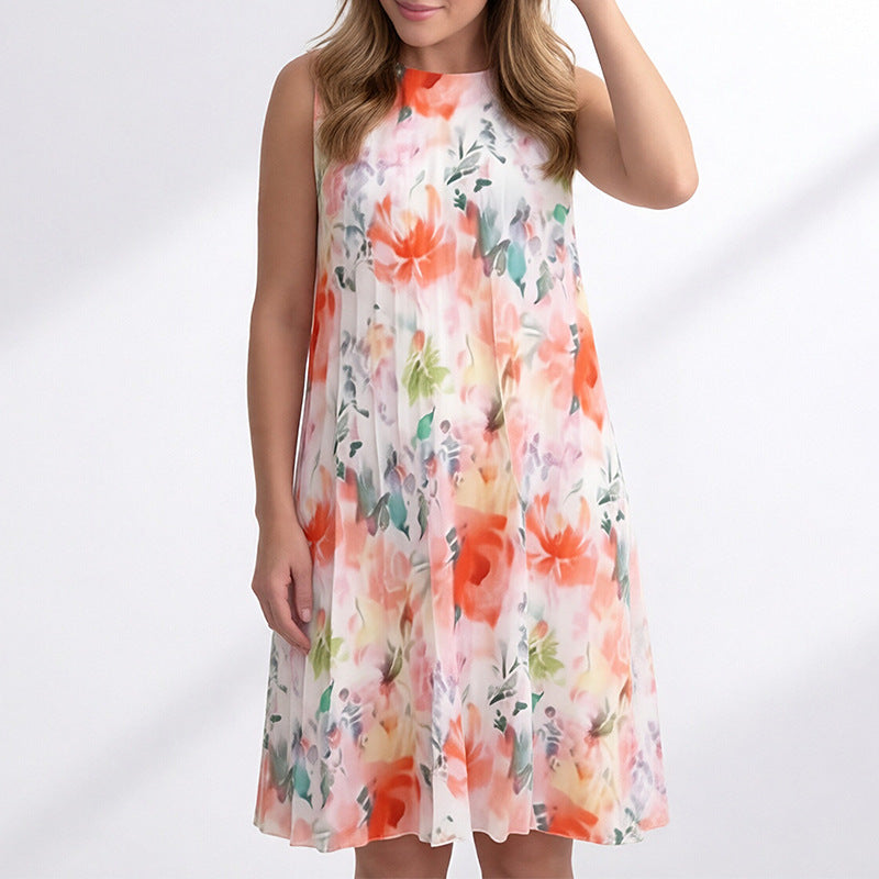 cross-border european and american women's clothing: new summer fashion casual floral sleeveless loose-fit dress