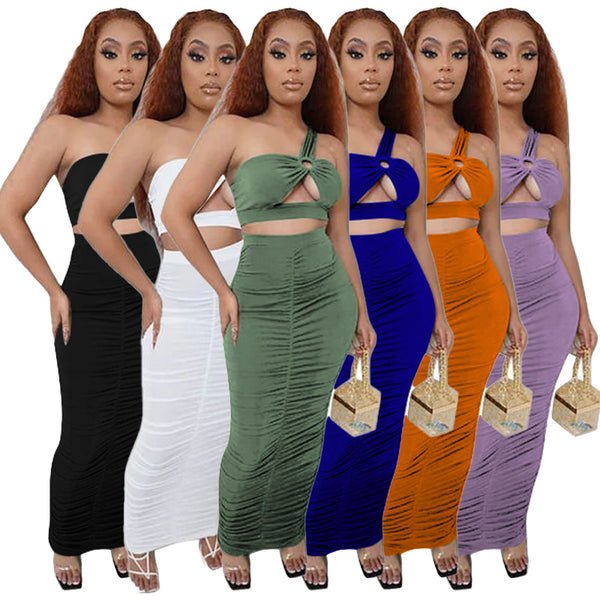 K9880  exclusive for  popular skirt set metal decoration shoulder pleats solid color two-piece set