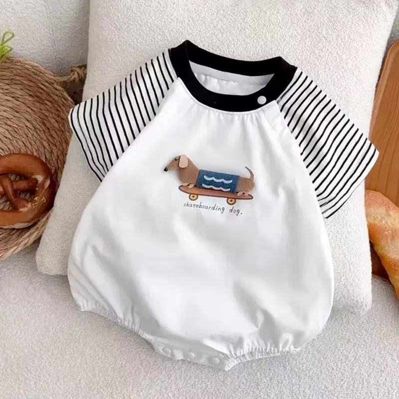 Summer jumpsuit short-sleeved stripes baby clothes full moon style khaki cartoon outing triangle bag butt clothes crawling suit