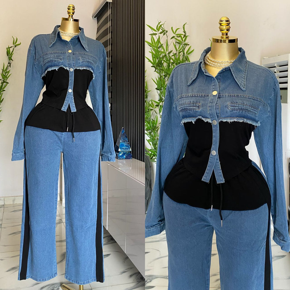 Denim patchwork fashion casual set - new spring/autumn long sleeve top + wide leg pants two-piece outfit