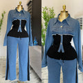 Denim patchwork fashion casual set - new spring/autumn long sleeve top + wide leg pants two-piece outfit