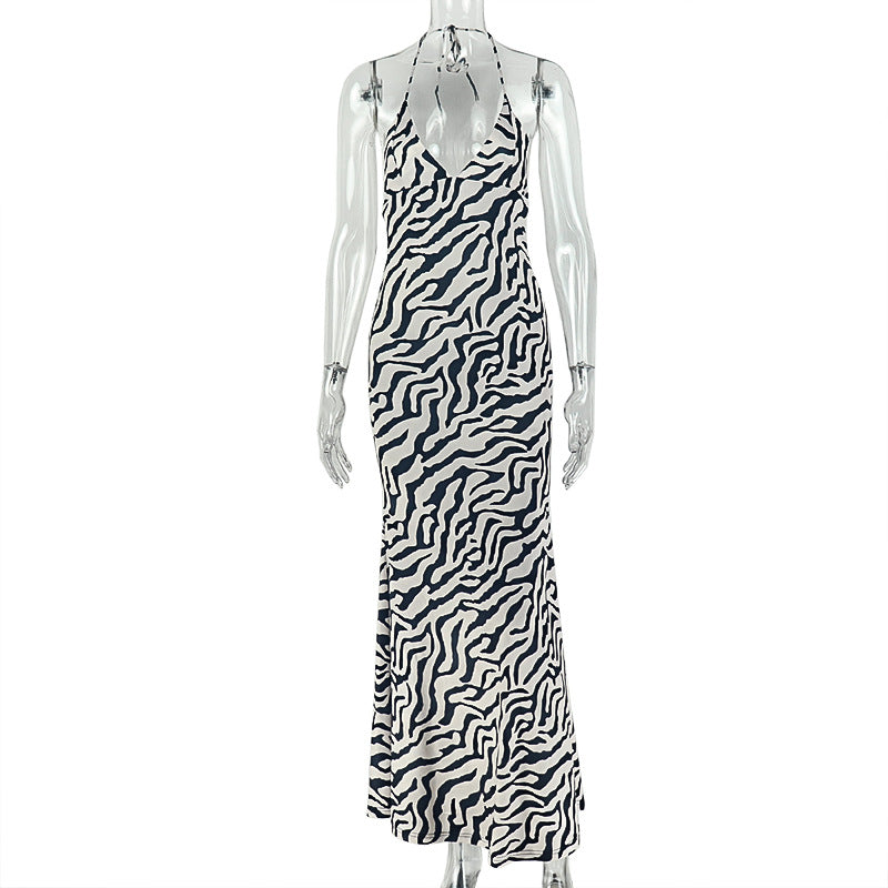 European and american style ins cross-border black and white home women's clothing printing halter neck hip skirt low-cut v neck summer long dress trendy