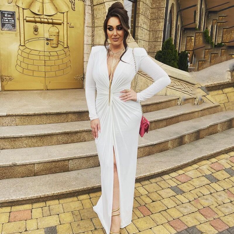 independent station cross-border fashion sexy deep v neck pleated sense of design high slit dress for women