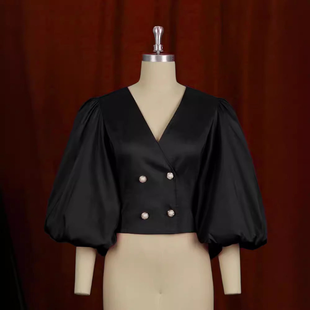 Am211114v neck lantern sleeve button cardigan silmshort party women's shirt tops