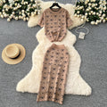 Knitted set for women, summer : premium round neck short sleeve top with bow print & high-waisted bodycon midi skirt