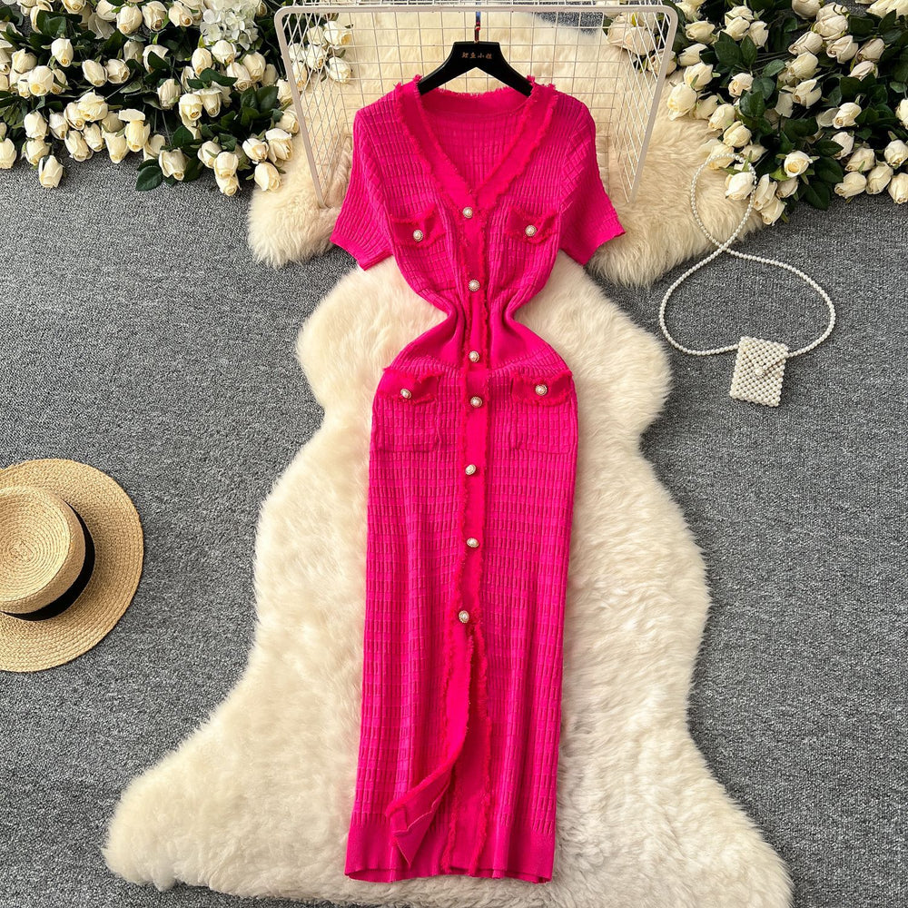 Exportelegance tweed styleretrov neck metal single breasted silmslimming lookelegant hip covering knittingdress spring