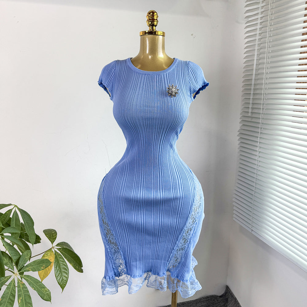 Xiaoxiangfengelegance round neck lacepatchworkshortknittingdress female silm waist slimming look short skirt dress