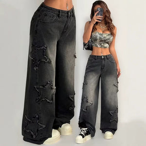 European and american style women's jeans with star appliqués, wide leg, black/gray wash, high waist, straight leg, floor-length, cross-border bestseller