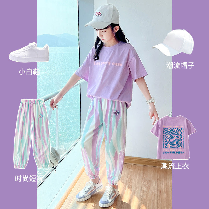 new girls' summer outfit set: casual activewear for big girls and kids - trendy and stylish summer short-sleeve clothing