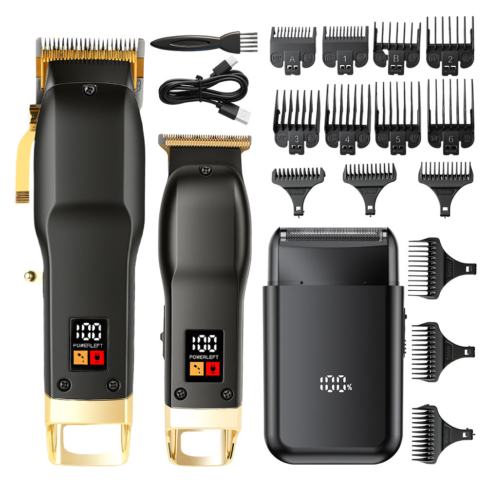 professional hairdressing set, electric clipper, oil head carving scissors, shaving reciprocating three-piece set