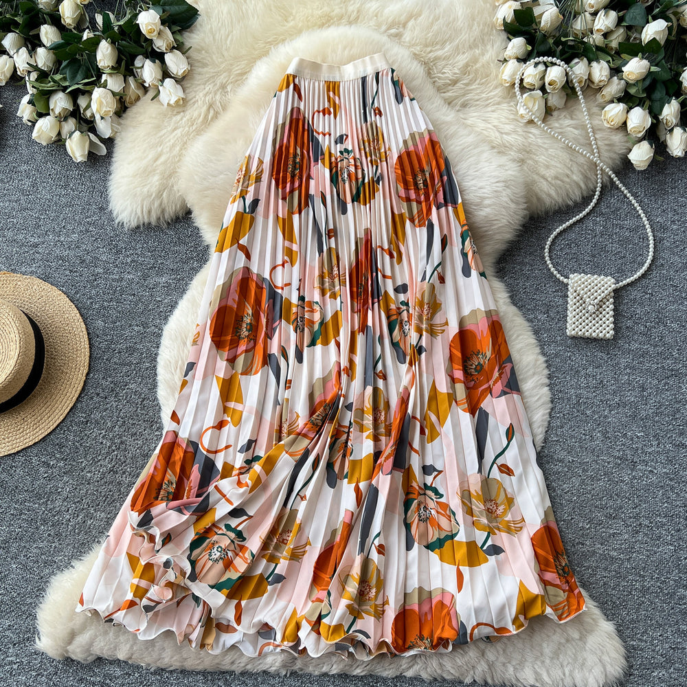 French printinghigh waistslimming looka-line pleated skirt women's summer midi skirt vacation style elegant work clothing skirt