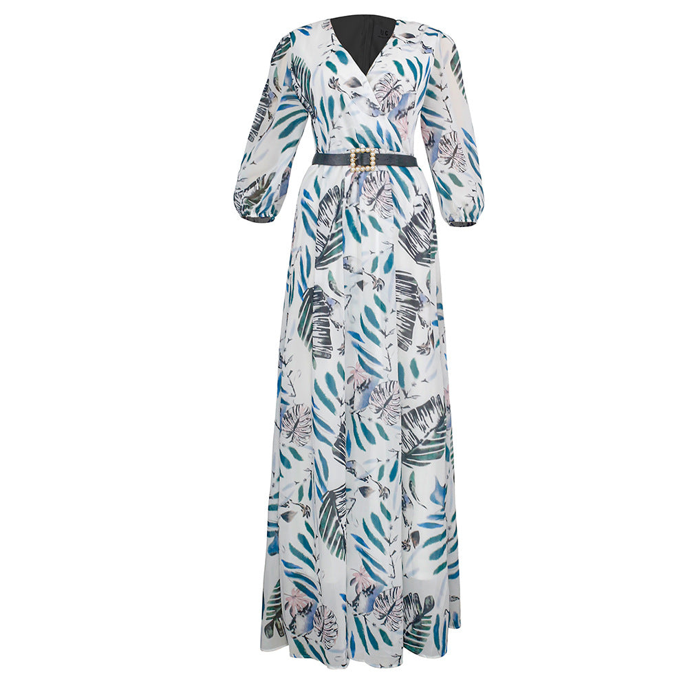 African women's clothing   new sexy v-neck printed dress european and american  long maxi skirt + belt