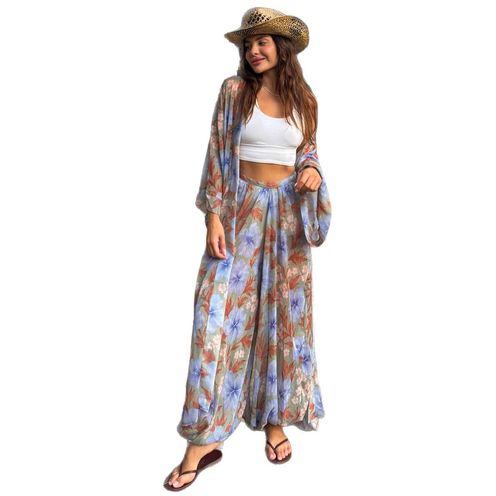 Cross-border European and American suit women's long-sleeved cardigan printed shirt wide-leg trousers  new holiday style two-piece set women