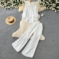 Lazy style sense of design diamond stripesshirtloose pantstwo-piece set women's spring autumwork clothingcasualelegantsuit