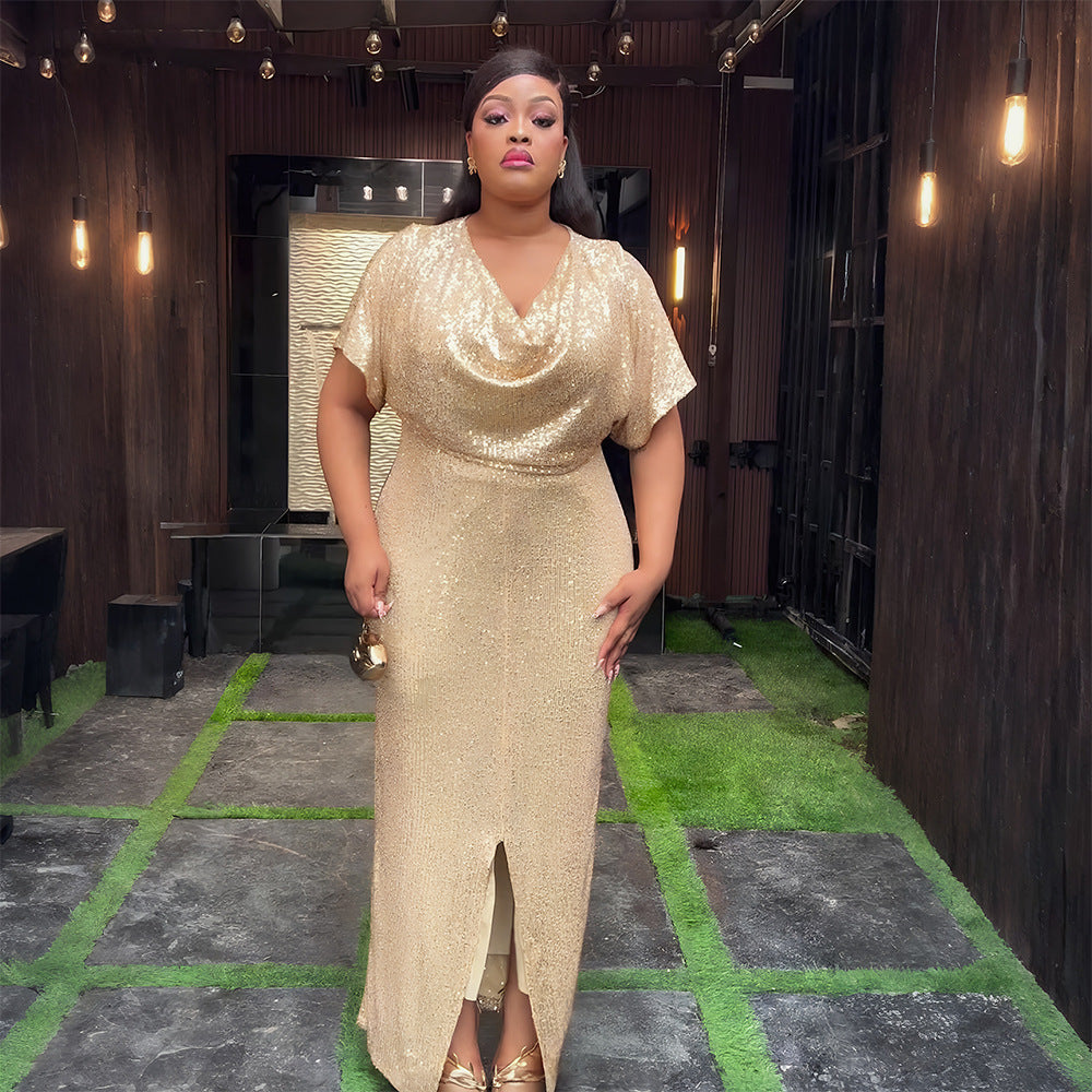 evening gown banquet dress hostess african cross-border fashion sequin plus size women's clothing european and american elegant dress