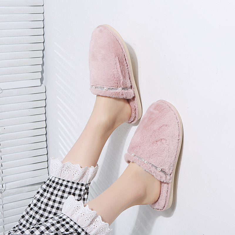 winter baotou women's soft fur cotton slippers home indoor heattech rhinestone fashionoutwear cotton slippers