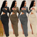 C5550 summer new european and american  cross-border fashion long sleeve sexy hollow-out slit maxi dress for women
