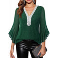 Amazon fashioneleganteleganceflowershirt women's  summer new ruffles sleeve v necktops