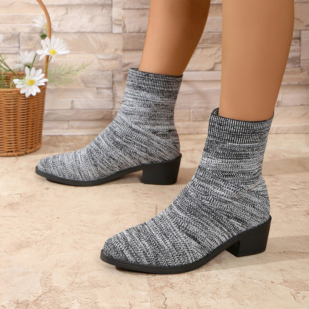 fall/winter new arrival: plus size knit boots for export - breathable knit stretch boots, pointed toe square heel slip-on ankle boots for women