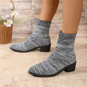 fall/winter new arrival: plus size knit boots for export - breathable knit stretch boots, pointed toe square heel slip-on ankle boots for women