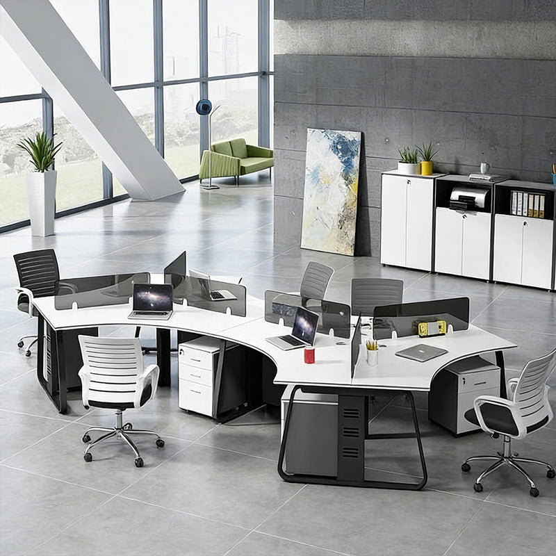 Office desk set for employees - modern minimalist design - includes desk, chair, and computer accessories