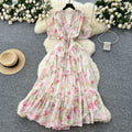 Frenchretrov neck puff sleeve floral chiffon dress women's summer dress waist elegant slit ruffles long skirt