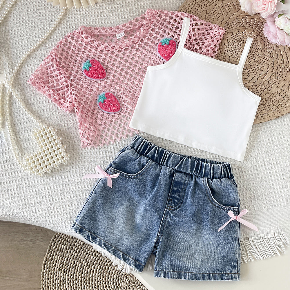 spring/summer new european and american style girls' hollow-out cardigan, solid color camisole + bowknot denim jeans three-piece set
