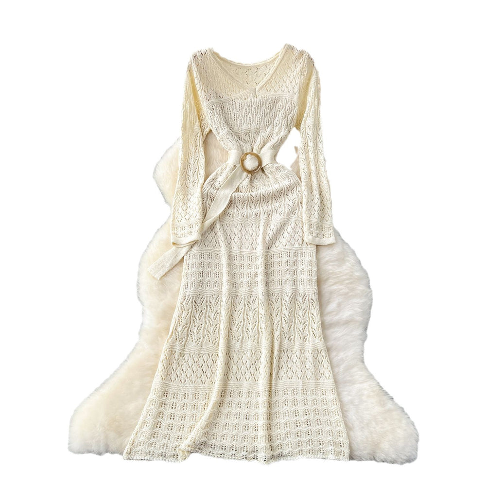 Order korean style gentle style cut out crochet knittingdress women's waist strap over the knee suspender bottom skirt suit