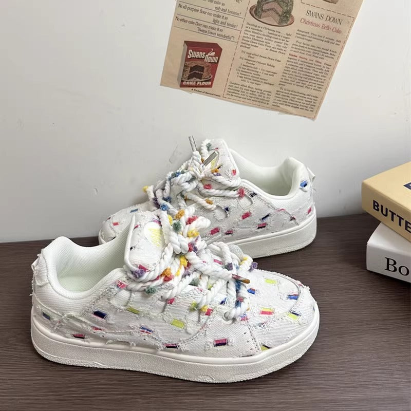 Fairy bean rainbow grid canvas sneakers women's autum breathable thick solewhite student shoes easiest for matchniche style sports casual shoes