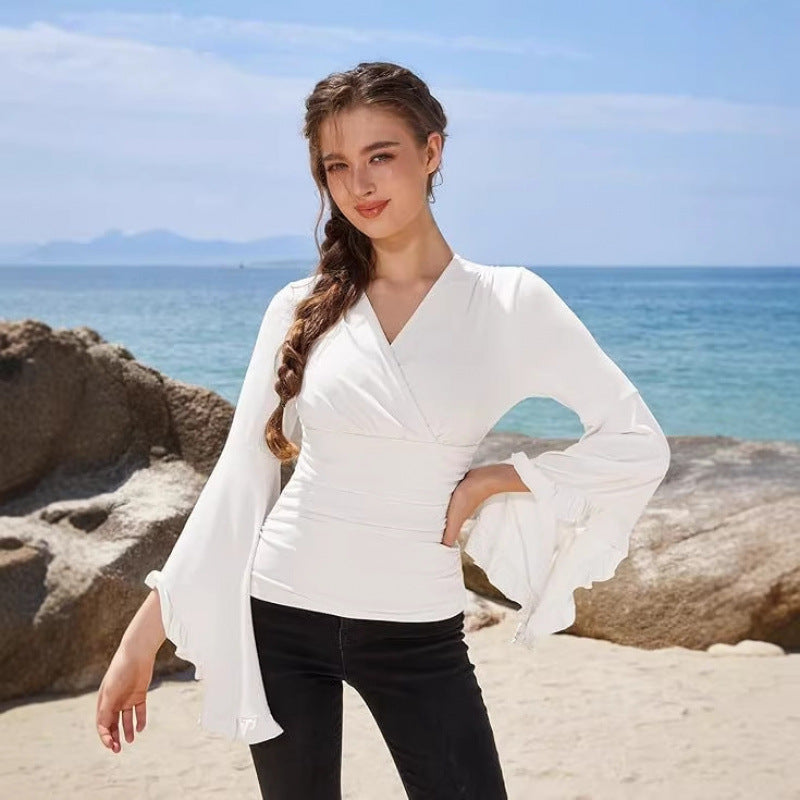 Amazon fashion pure desire v neck bell sleeve shirt  spring new style wrapped casual ruffle tops