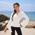 Amazon fashion pure desire v neck bell sleeve shirt  spring new style wrapped casual ruffle tops