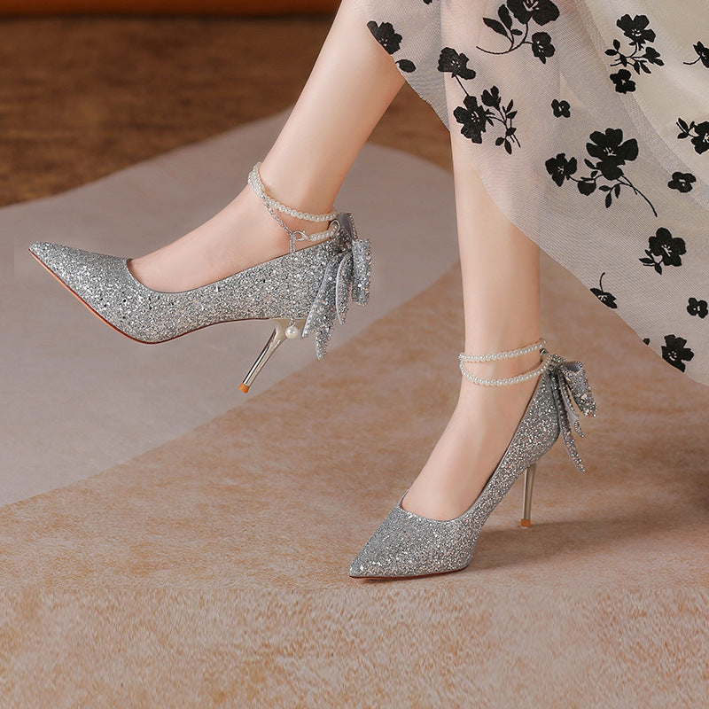 Xiuhe wedding dress bridal crystal sequin coming of age pearl chain bows women's high heels wedding shoes