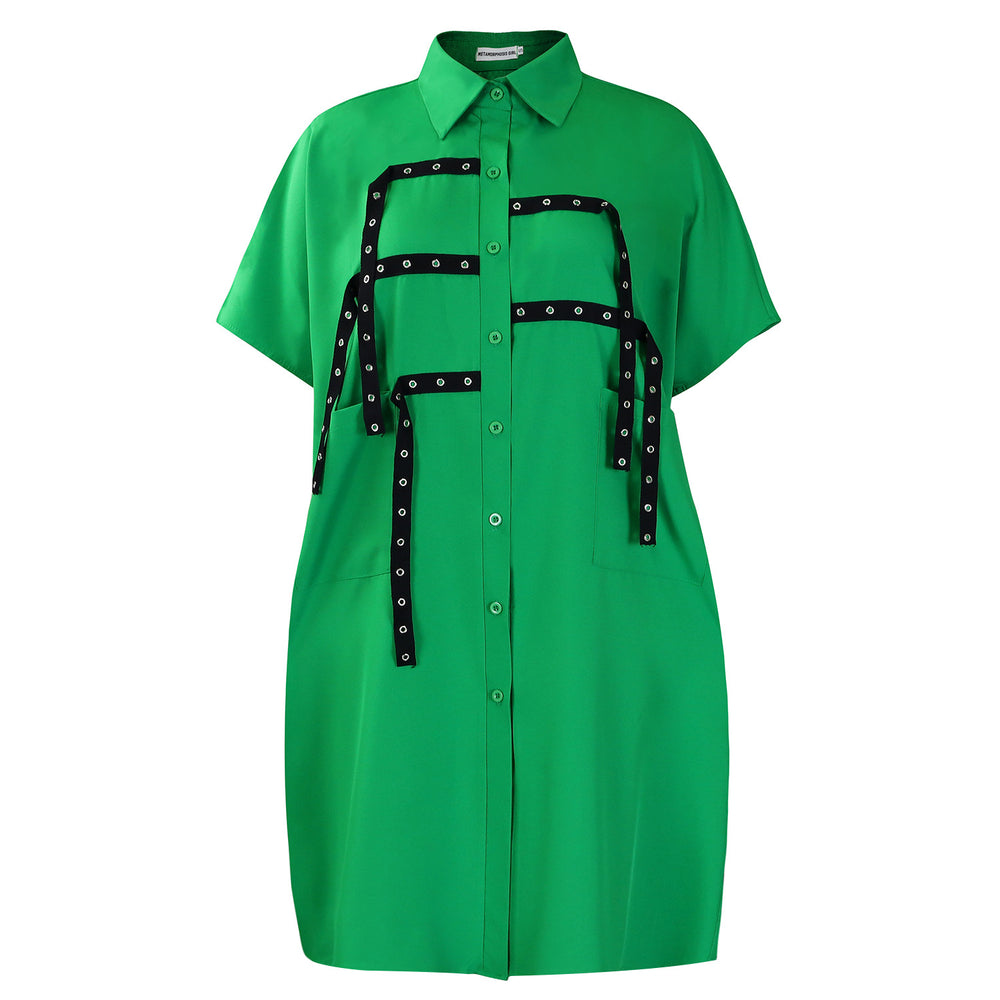 D3334export women's clothing  women's short-sleeved fashion loose lapel shirt mid-length shirt cross-border dress