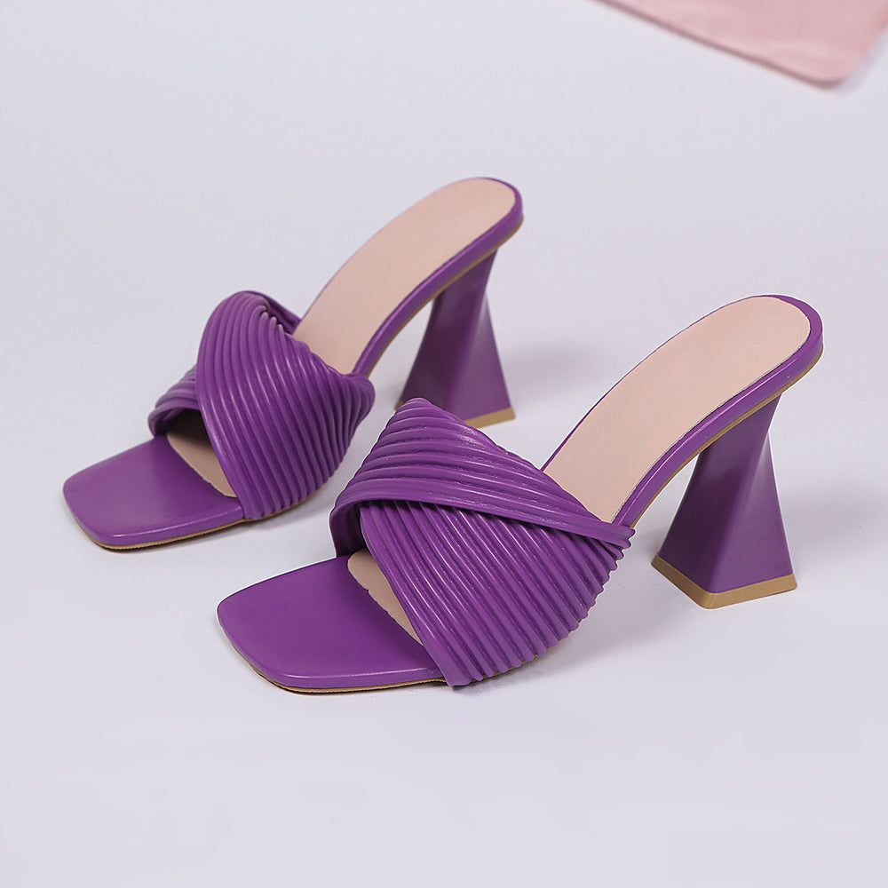 Plus size chic square toe high heel women's slippers - 2026 summer new arrival: minimalist, stylish, ruched, outdoor wearable chunky heel slides