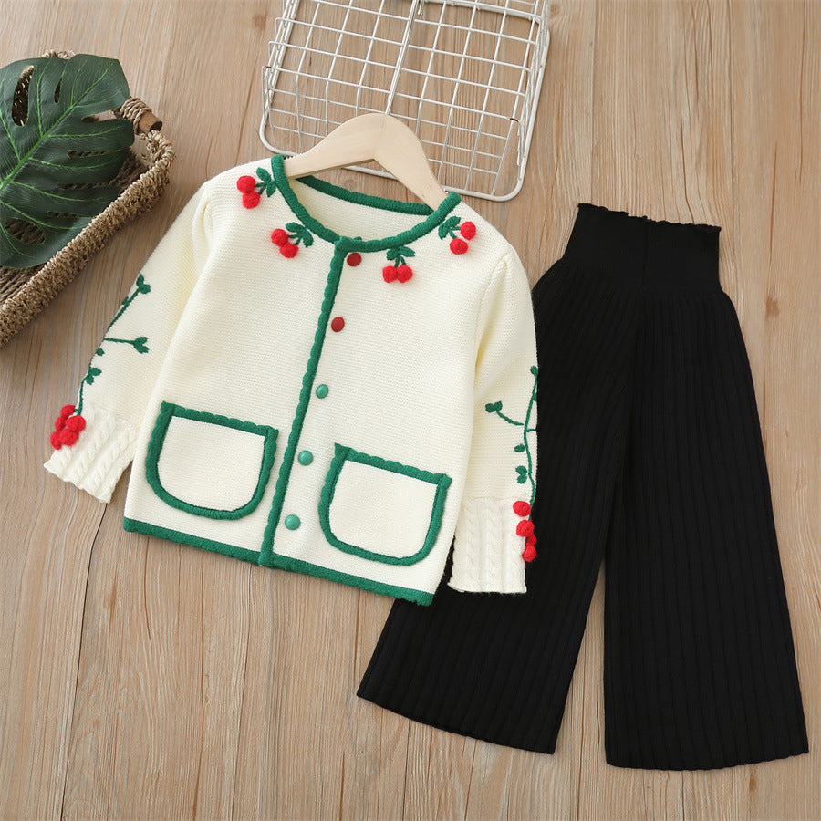 Girls' knitted sweater two-piece set -  autumn/winter new collection - handmade floral pants set for baby girls