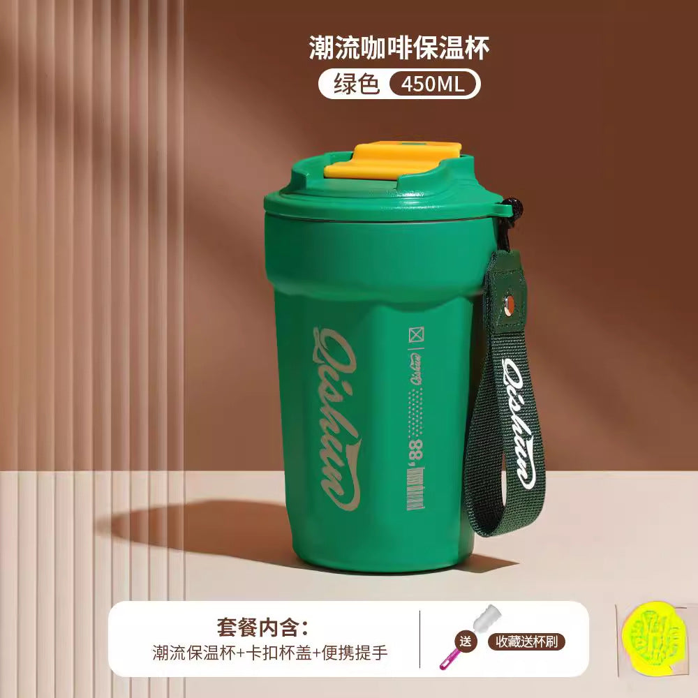 Simple 316 stainless steel octagonal coffee mug - portable cola cup with carry strap, outdoor car vacuum insulated tumbler - customizable