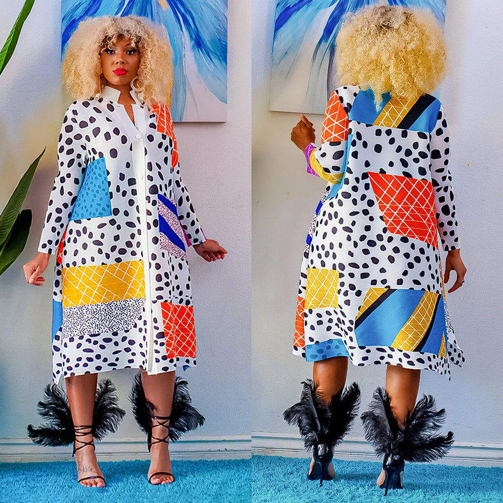 C6501 special offer: no returns or exchanges. please purchase with care. fashionable women's printed long-sleeve button-down midi dress
