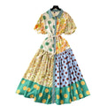 Frenchniche stylecontrast colorpatchwork style puff sleevesloose large hemlongsense of design polka dotdress dress