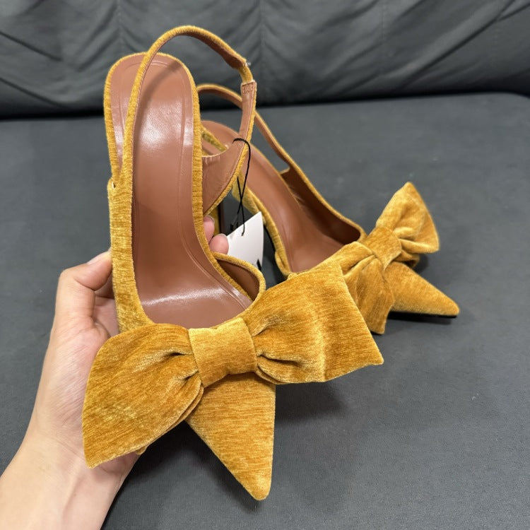 Z brand bow-embellished velvet pointed-toe mules, yellow high heels, 2024 spring new collection, low-cut fashion sandals