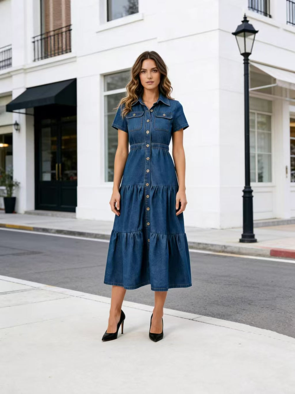 cross-border  new european and american casual short-sleeve denim dress, longline, cinched waist, plus size, trendy and fashionable
