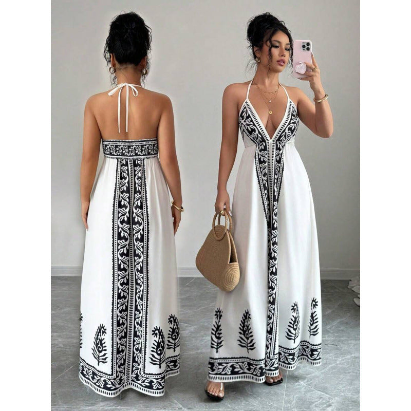 Amazon bohemian chic beach vacation print v-neck backless maxi slip dress