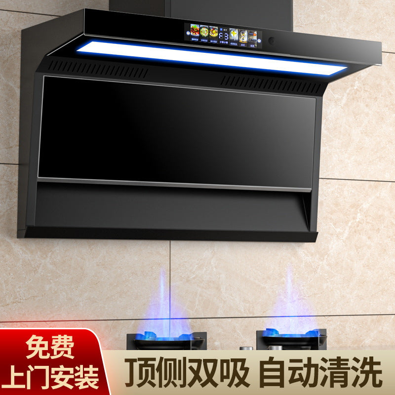Wholesale high suction range hood for home kitchen small self-cleaning 7-shaped exhaust top side double range hood
