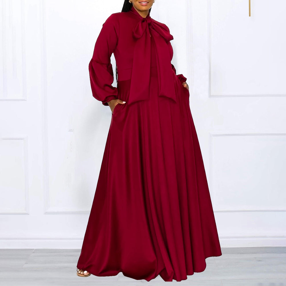 C8568  new autumn/winter solid color plus size tie-waist puff sleeve high-waisted maxi skirt african dress