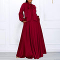 C8568  new autumn/winter solid color plus size tie-waist puff sleeve high-waisted maxi skirt african dress