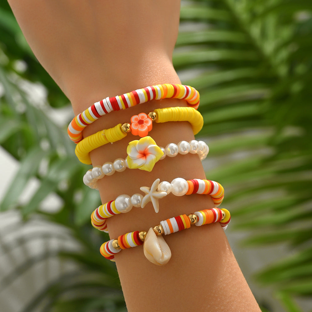 Wholesale polymer clay shell bracelet set - cross-border colorful beach vacation style handmade beaded imitation pearl flower bracelet