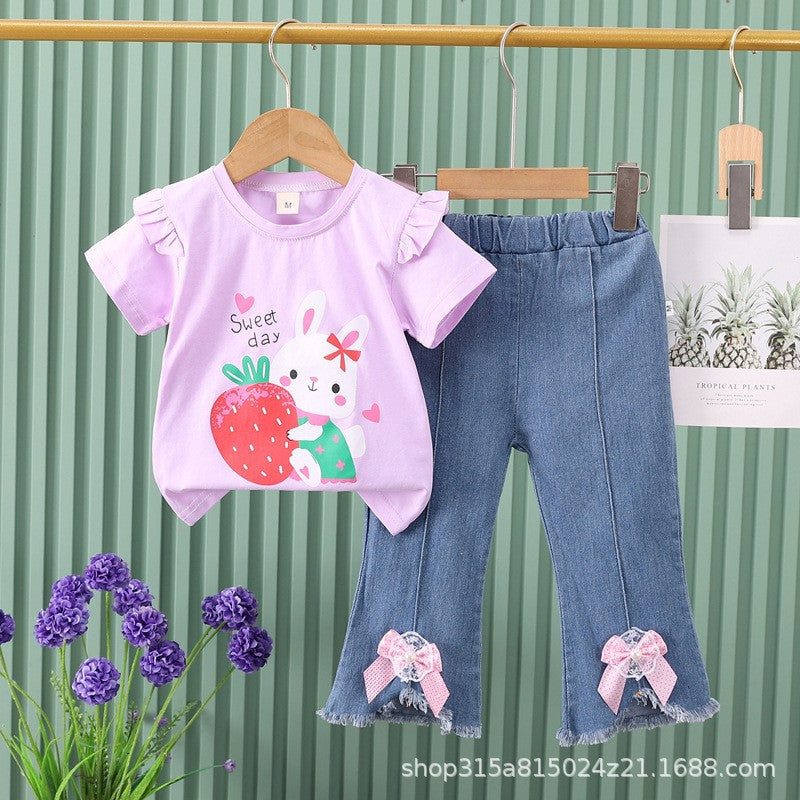 New girls' summer outfit: cartoon cute pattern short-sleeve top + bowknot denim shorts two-piece set - wholesale