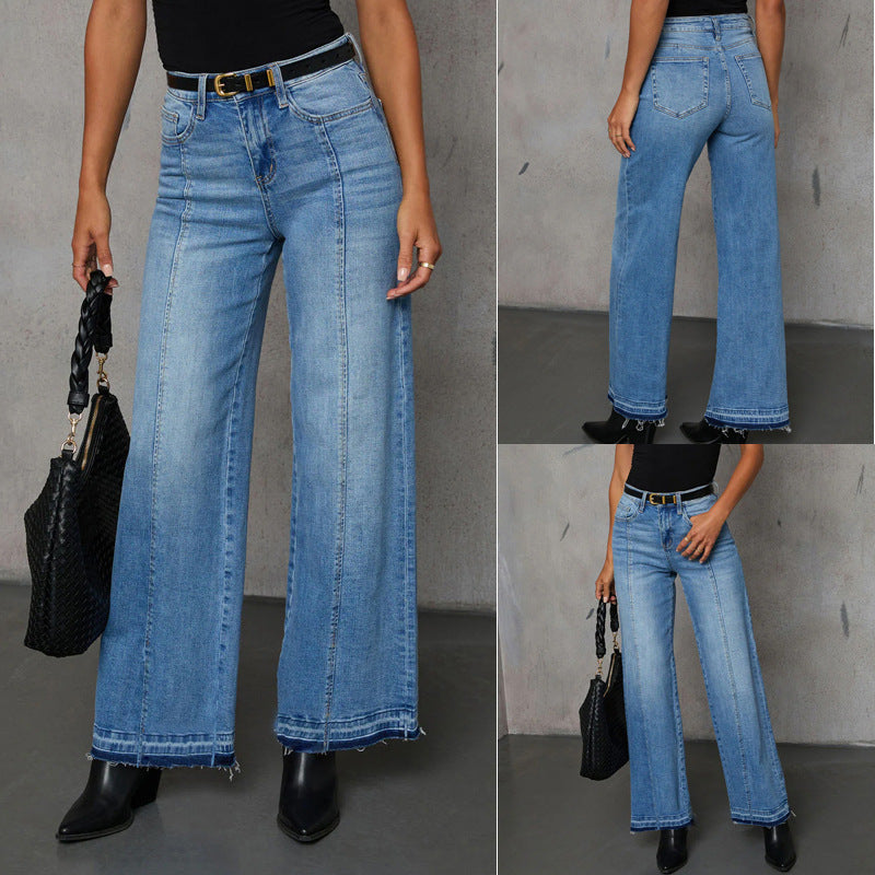 European and american women's jeans  new arrival hot selling patchwork elegant commute wide leg jeans washed stretch fashion jeans