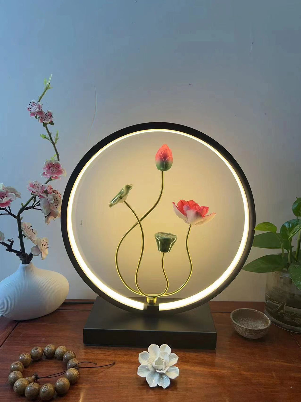 New chinoiserie table lamp bedroom bedside lamp zen ornaments wedding girl lotus creative gift home remote control lotus